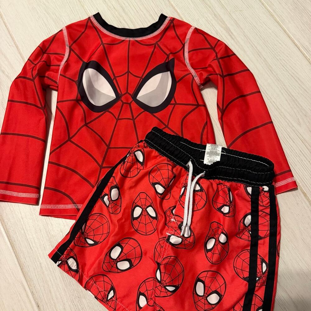 Marvel Spider-Man Boys 3T Rash Guard & Swim Trunks Set Red Black Swimwear